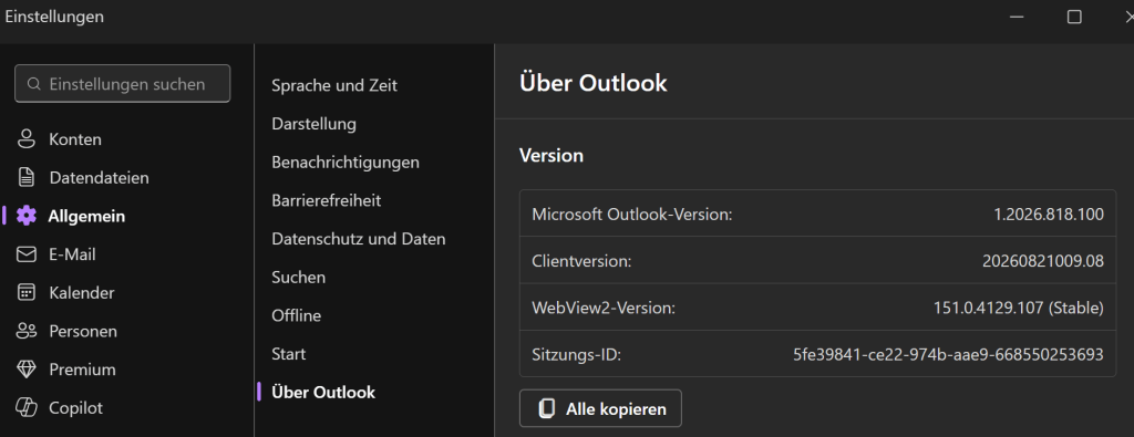 Outlook Version Details in German Outlook Client