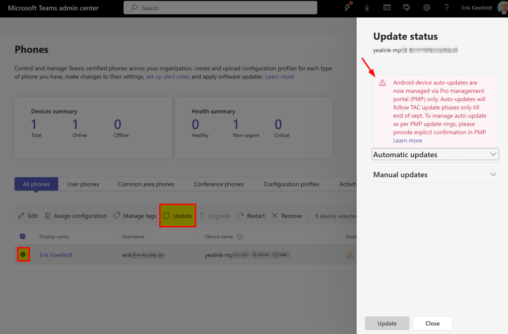 Screenshot of the Microsoft Teams admin center displaying phone management settings. It shows a summary of devices with one online, and a warning about Android device auto-updates being managed via Pro management portal. The update button is highlighted in red.