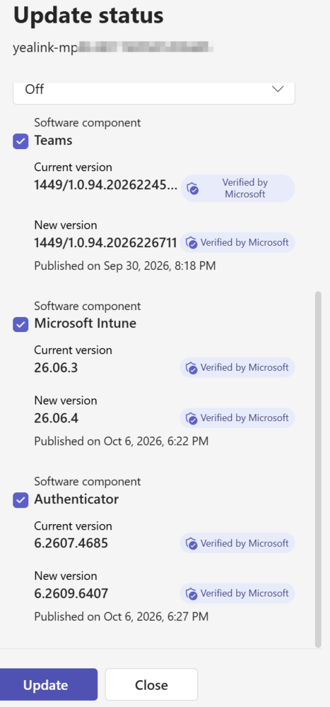 Update status interface displaying software components and their versions, including Teams, Microsoft Intune, and Authenticator, with current and new versions listed along with published dates.