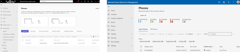 Teams Admin Center and Teams Rooms Pro Portal showing the same Teams Phone Device besides each other