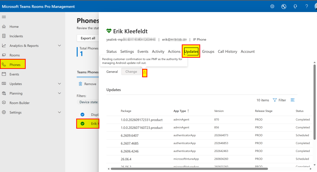 Teams Pro Portal showing Teams Phone Device not being able to update the device because function button is greyed-out