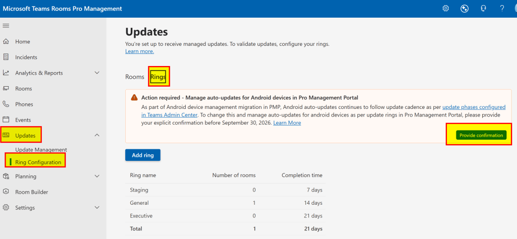 PMP configuration page to confirm that PMP should do the Android Device Update Management instead of the TAC