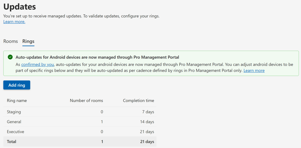 Screenshot of an updates management interface showing options for Android device auto-updates through the Pro Management Portal, including a table of rings with details on room numbers and completion times.