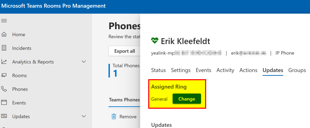 Screenshot of Microsoft Teams Rooms Pro Management interface showing phone management options, including user details for Erik Kleefeldt and an 'Assigned Ring' section with a 'Change' button highlighted.