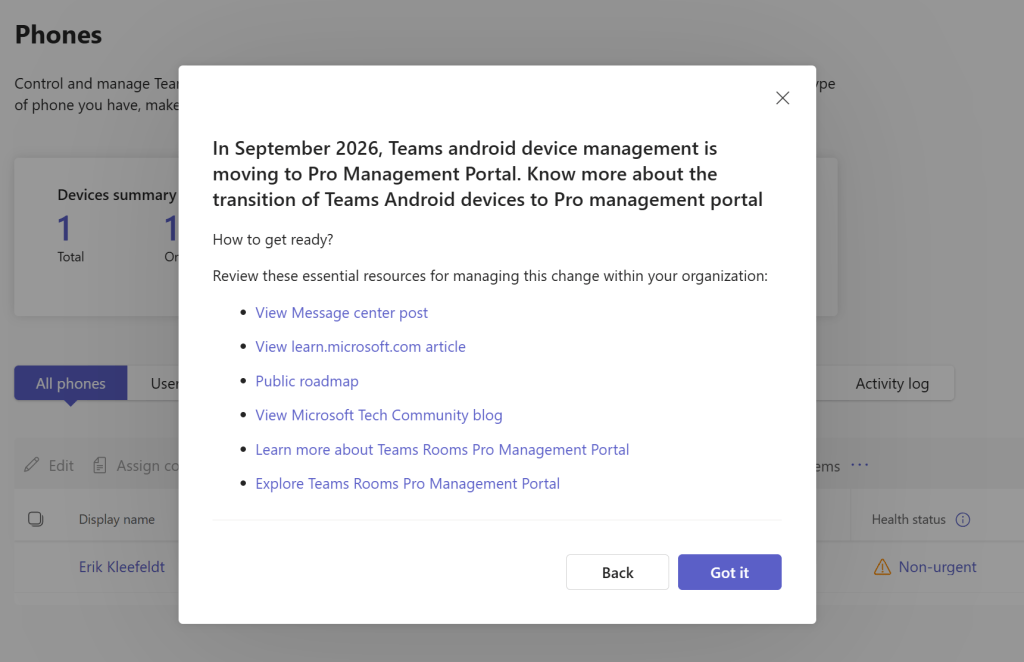 Update Management Transition for Teams Phones on Android to Teams Rooms Pro Portal&nbsp;completed?